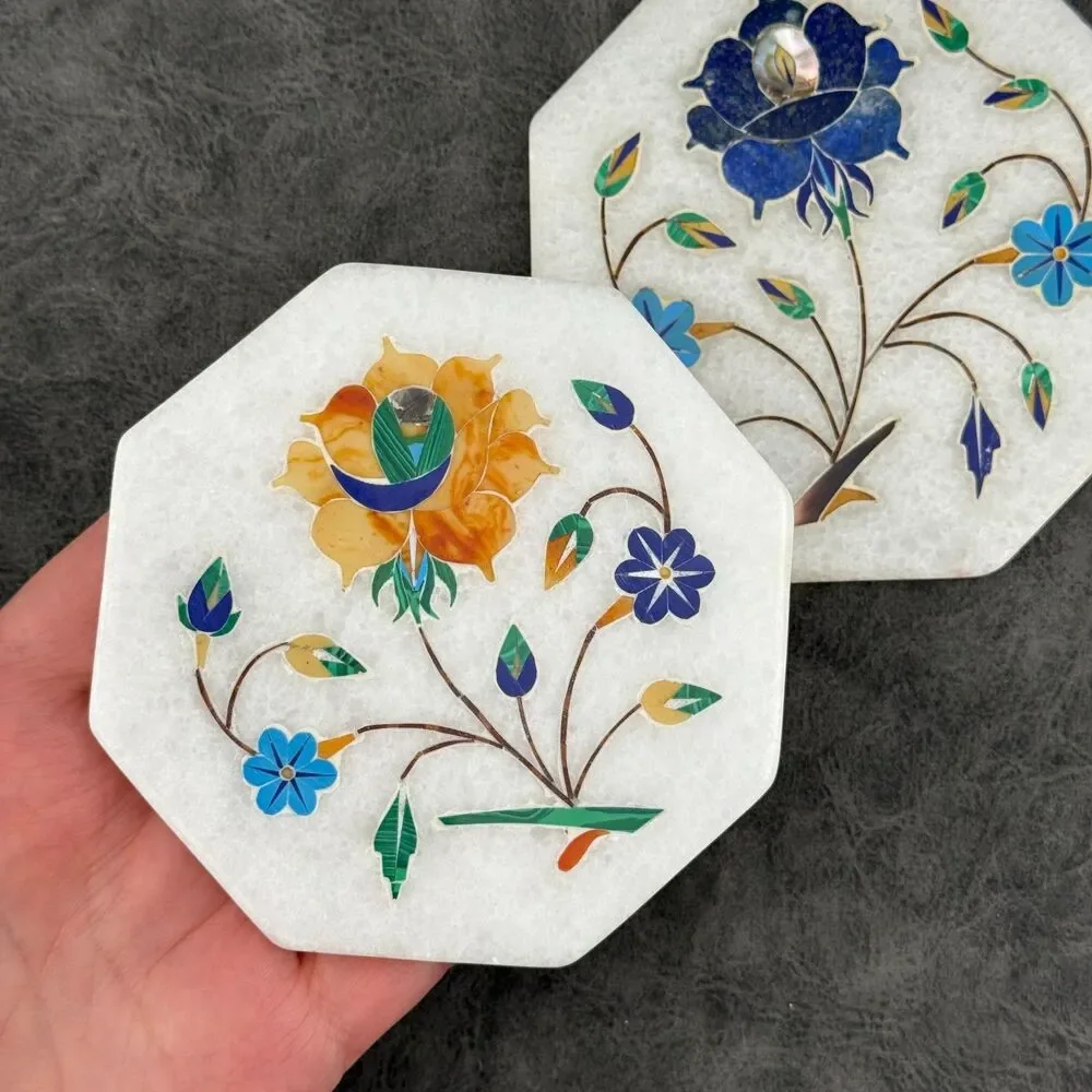 TWO (2) Handmade White Stone Tiles Coasters Inlaid Lapis Pietradura Floral 4